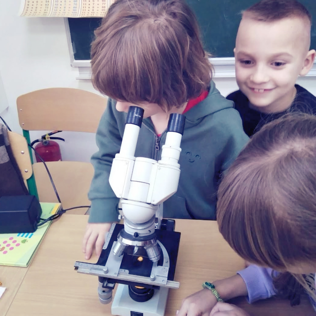 Учень дивиться у шкільний мікроскоп в класі поки інші діти стоять у черзі